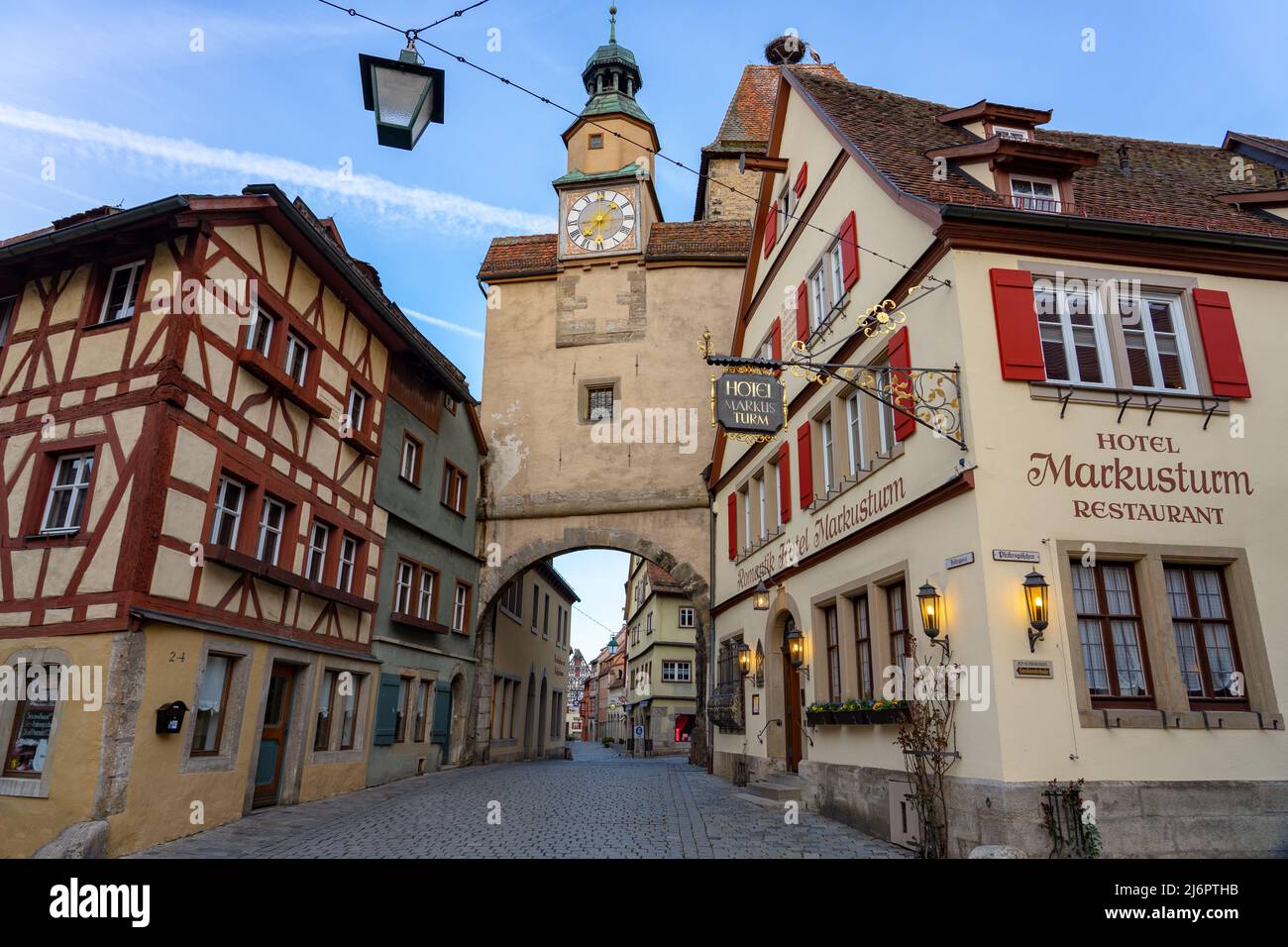 Rothenburg ob der Tauber, Bavaria, Germany - 04.11.2022: beautiful architecture of romantic Rothenburg ob der Tauber with timbered Fachwerkhaus syle h Stock Photo
