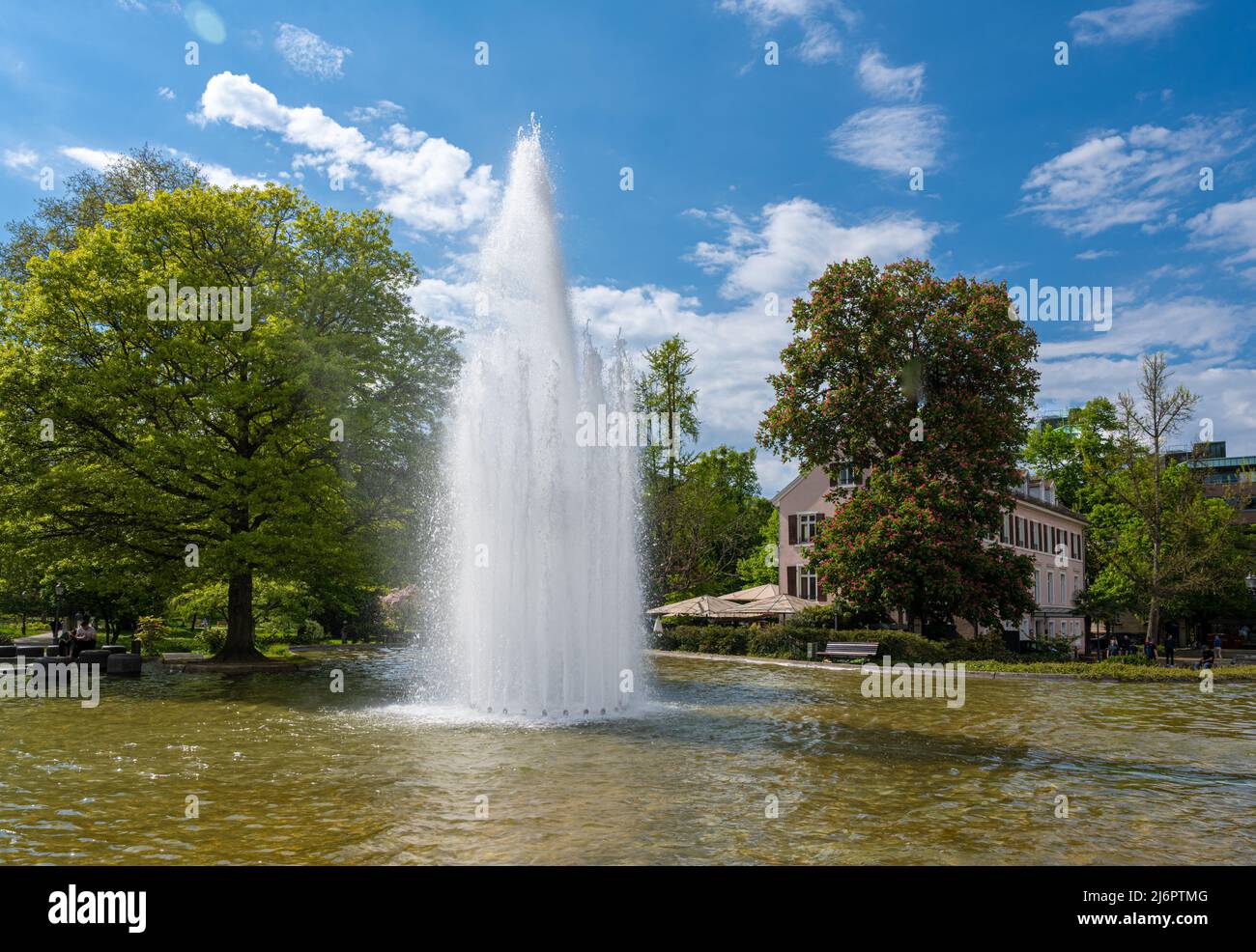 A view of the Protestant town church of Baden Baden with a water fountain. Baden Wuerttemberg, Germany, Europe Stock Photo