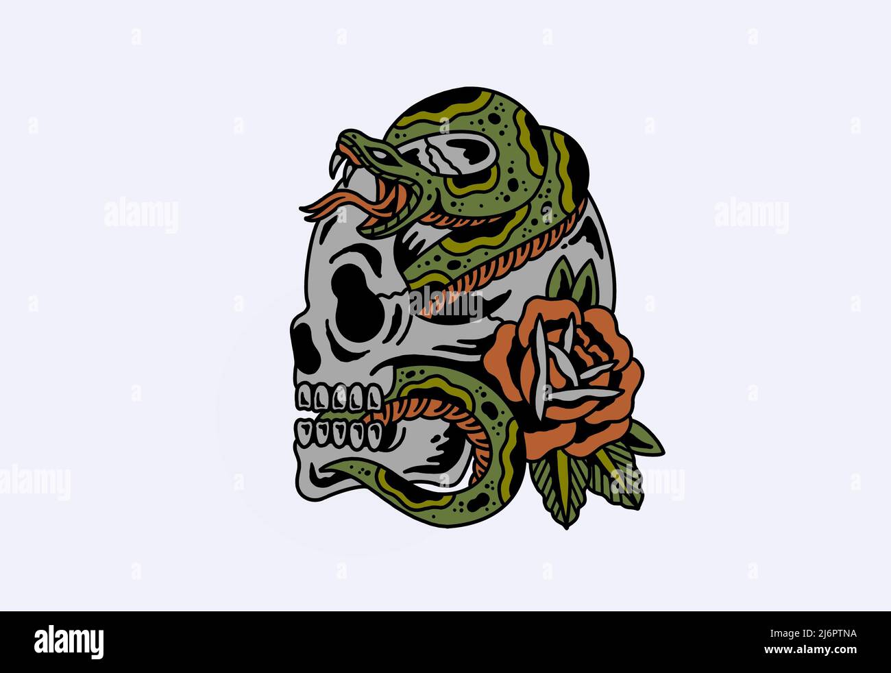 Old school tattoo style inspired graphic design snake, skull and rose Stock Photo
