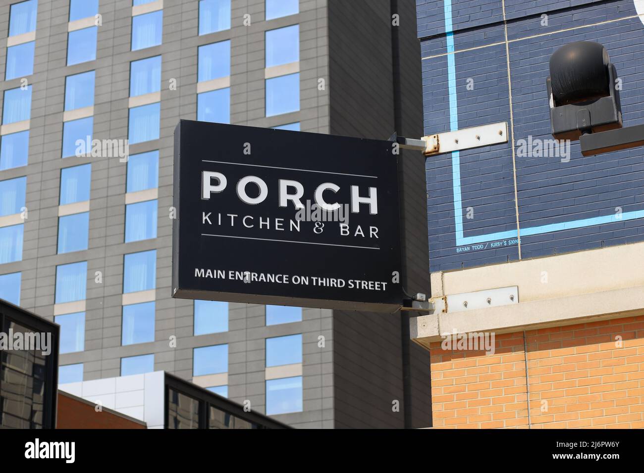 Louisville, Kentucky USA  May 1, 2022:  The exterior of Porch Kitchen and Bar restaurant in downtown Louisville, Kentucky Stock Photo