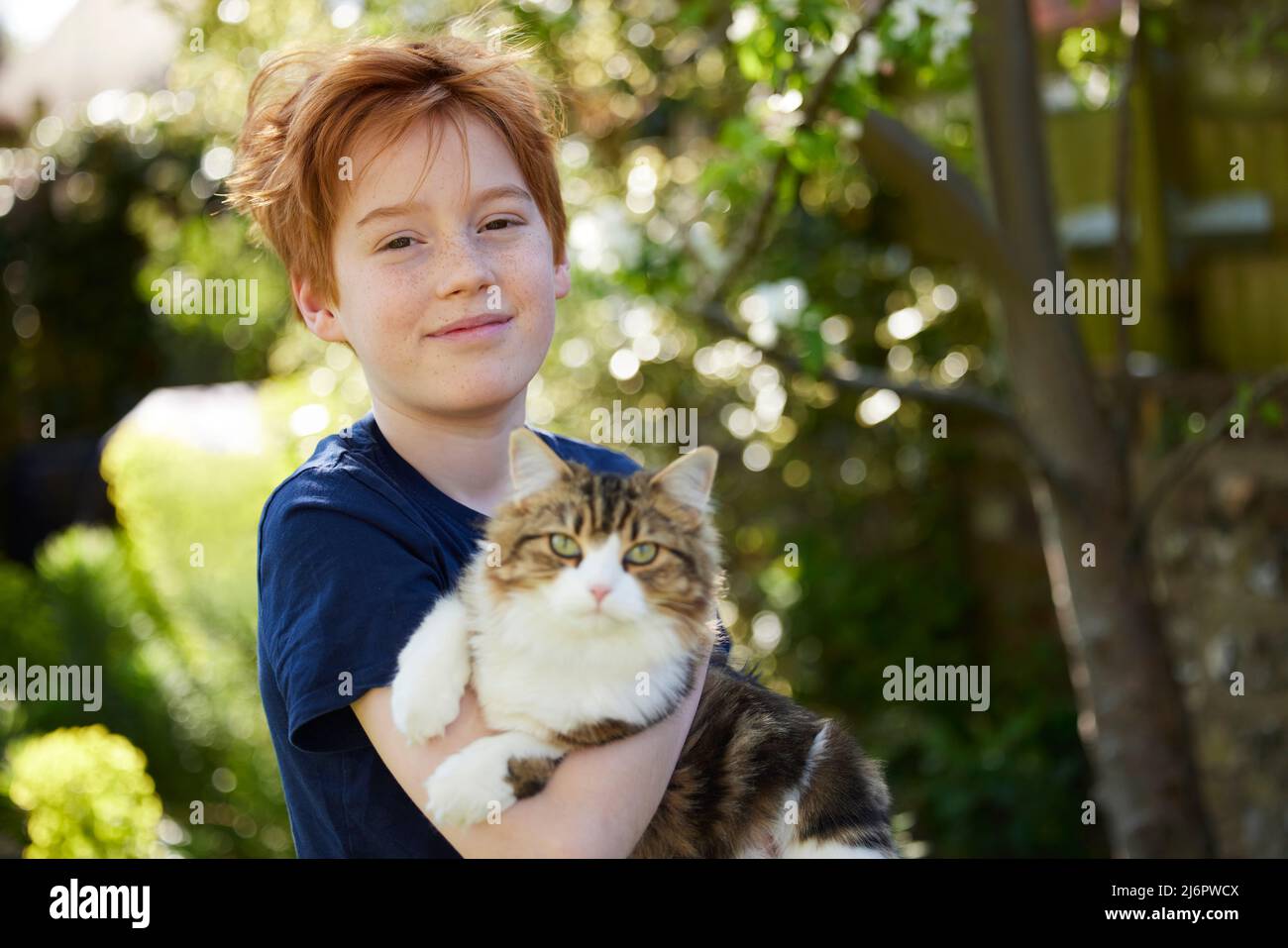 Portrait Of Smiling Boy Holding Pet Cat In Garden At Home Stock Photo