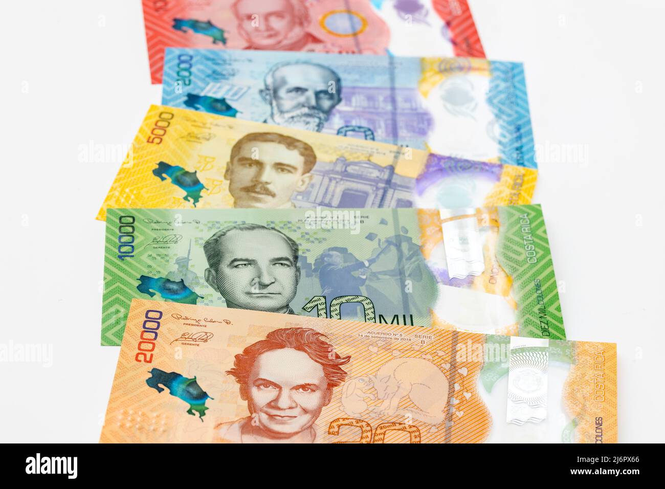 Costa Rica money, Colones banknotes, all on white background Stock