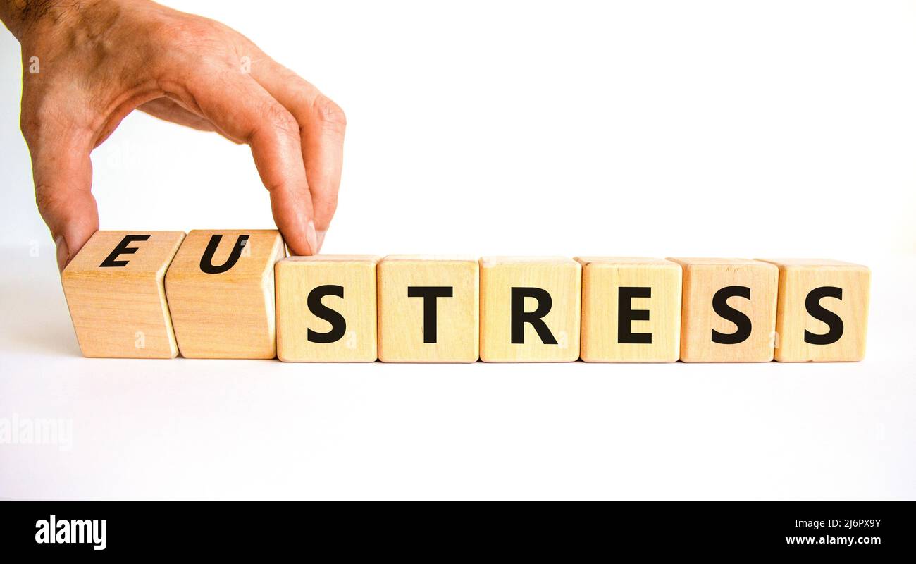 Eustress or stress symbol. Psychologist turns cubes and changes the