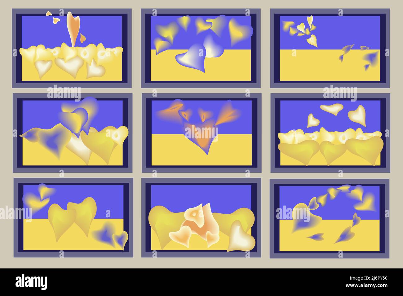 abstract painting in blue and yellow with hearts Stock Vector