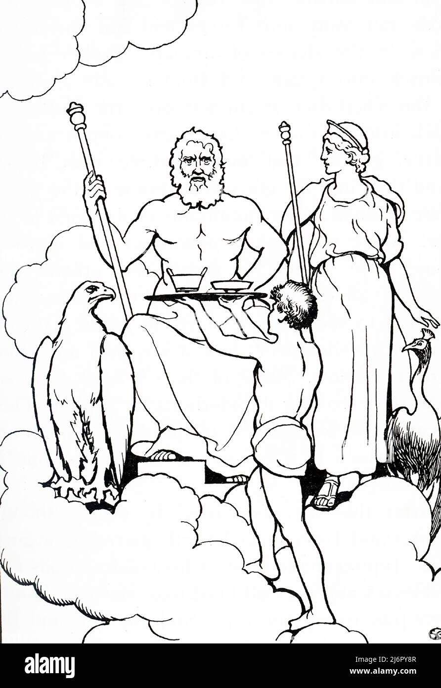 Jupiter, also known as Jove, is the god of sky and thunder,  as well as the king of gods in Ancient Roman Mythology. Jupiter is the top god of the Roman pantheon. Jupiter was considered the chief deity of Roman state religion during the Republican and Imperial eras until Christianity became the dominant religion. Here on his throne on Mount Olympus, he has his eagle with him. The eagle served as Jupiter’s personal messenger. Myths said an eagle have carried the youth Ganymede to Olympus, where he served as the gods' cupbearer. Jupiter was known to the Greeks as Zeus. Stock Photo