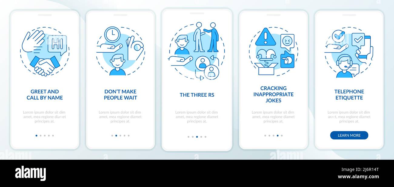 Business etiquette blue onboarding mobile app screen Stock Vector Image ...