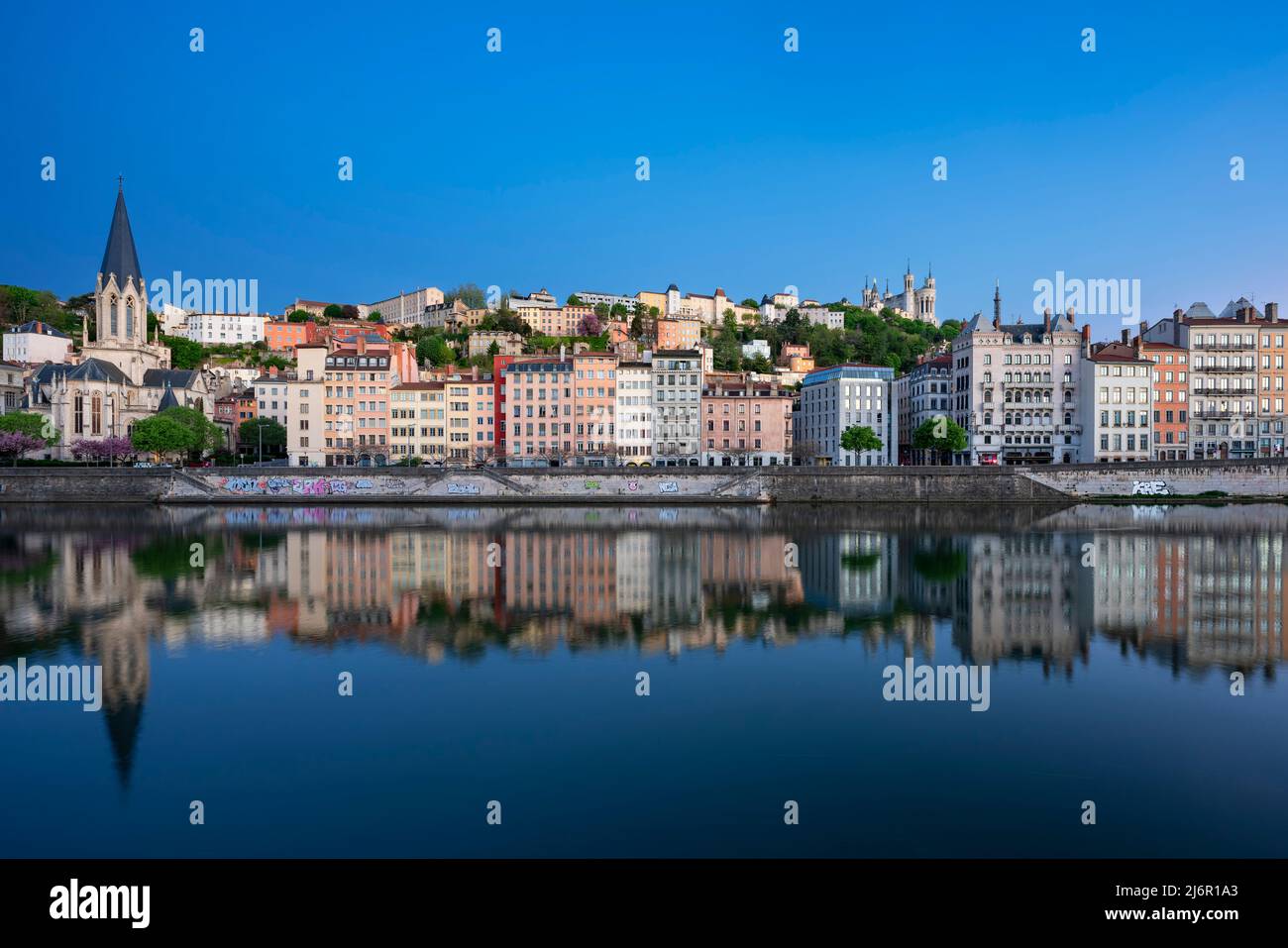 Famous view Saone river in the morning, Lyon, France Stock Photo