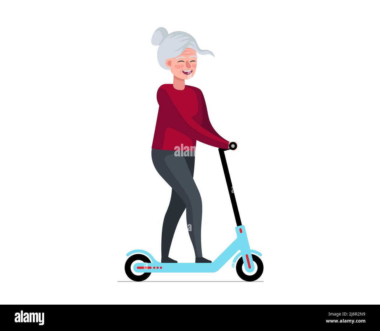 Older woman fun and riding electric kick scooter. Elderly female ride on eco transport. Old lady