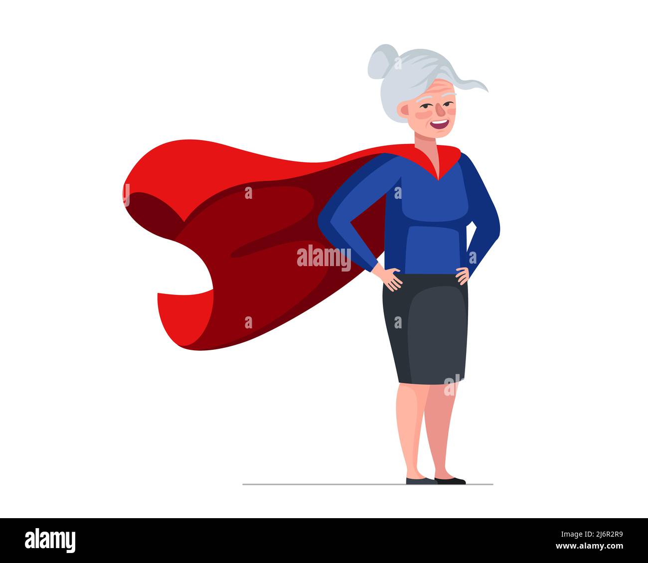 Older woman in superhero costume wearing red cape. Super heroine elderly female. Strong healthy old lady. Cool hero retired granny. Cheerful senior pensioner having superpowers. Active fun grandmother Stock Vector