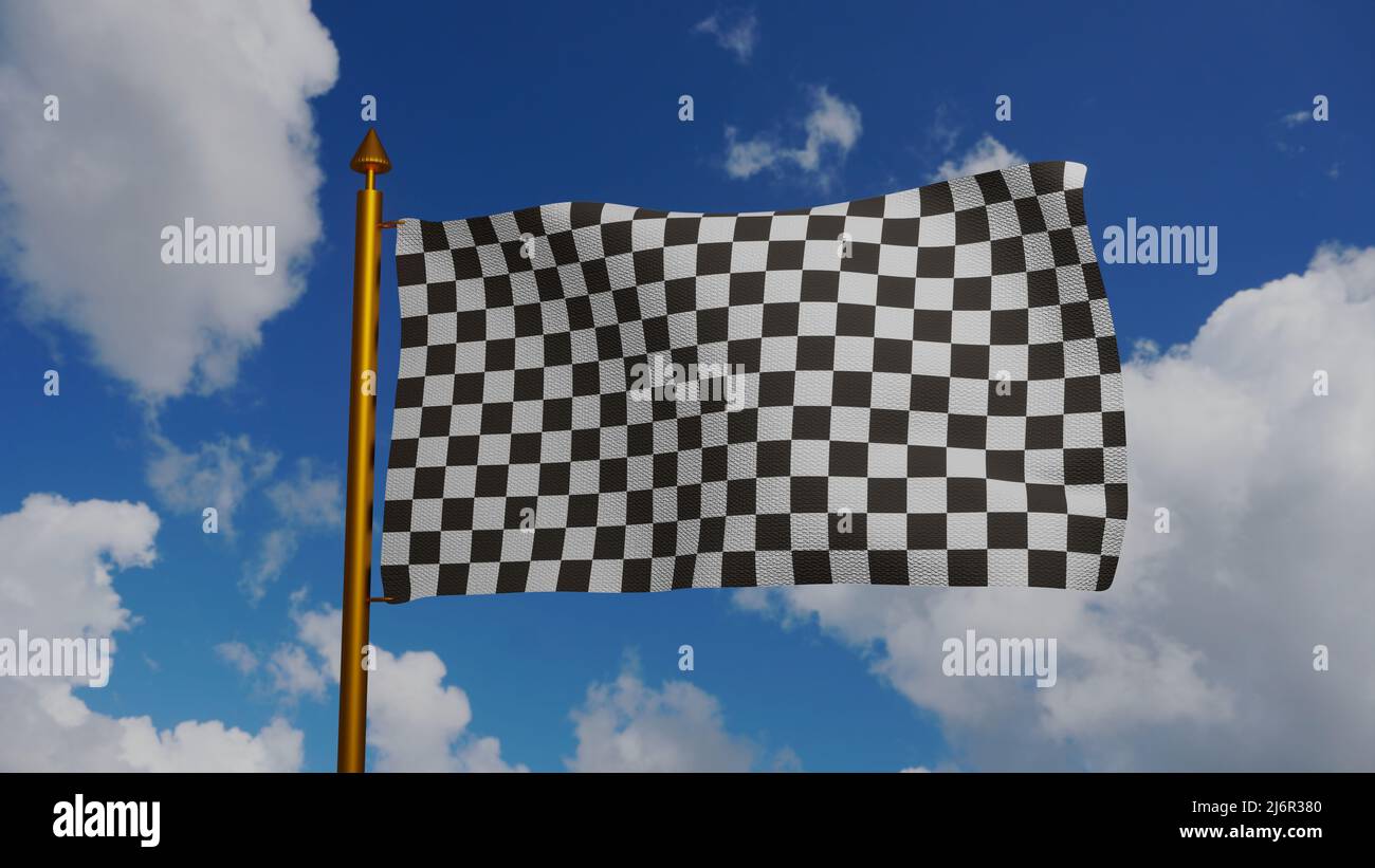 Racing flag waving 3D Render with flagpole and blue sky, Formula One