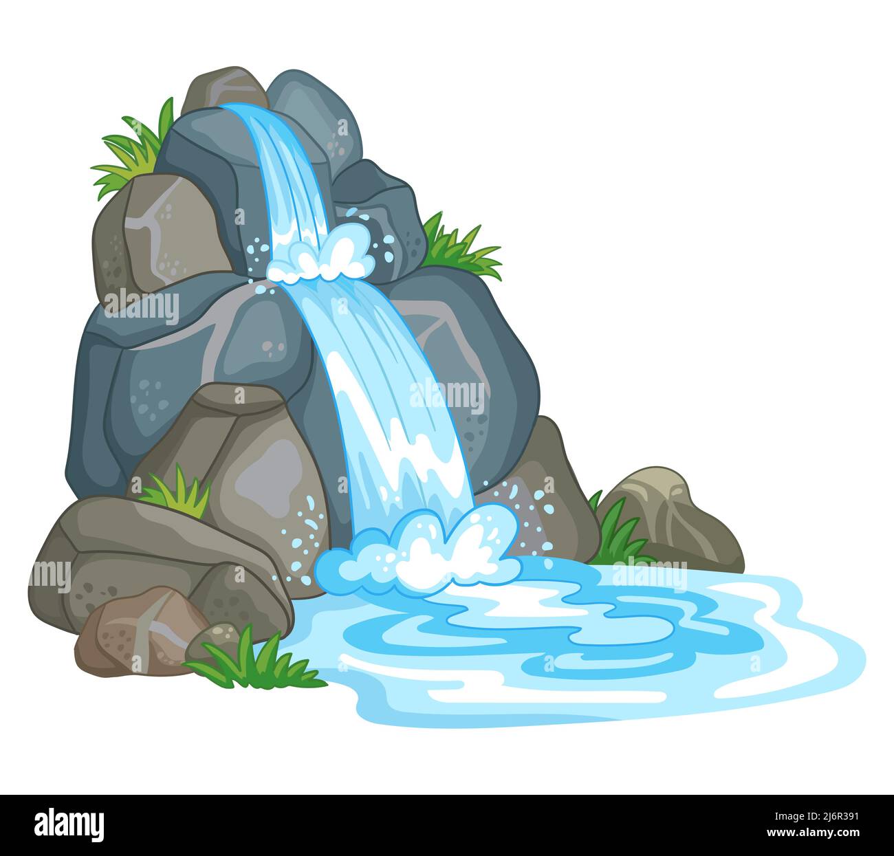 Waterfall among rocks. Cascade shimmers downward. Water flowing. Vector illustration in cute cartoon style isolated on white background. For print, de Stock Vector