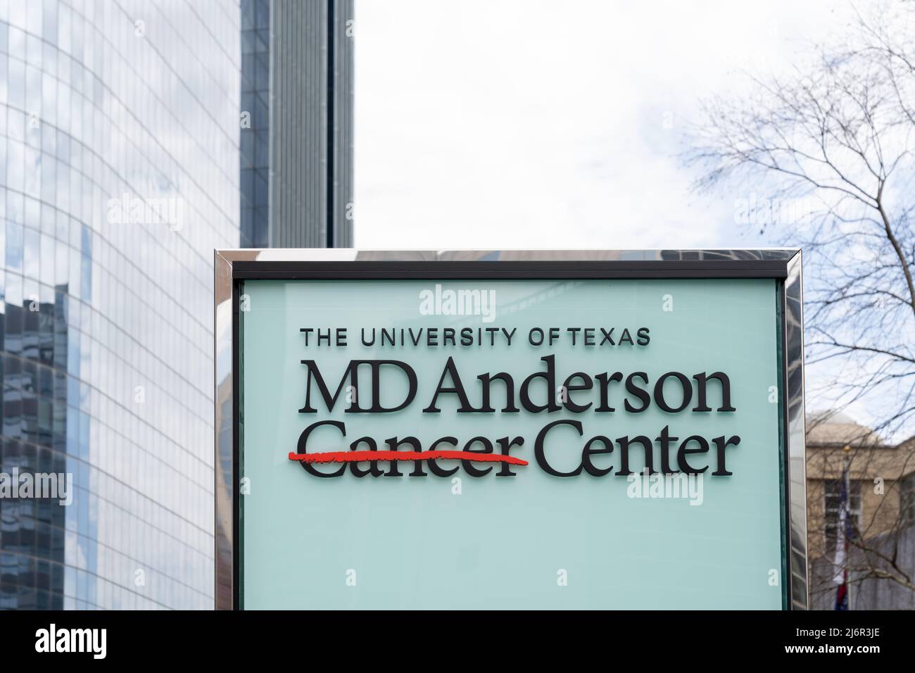 Houston, Texas, USA - March 9, 2022: The sign for University of Texas MD Anderson Cancer Center in Houston, Texas, USA Stock Photo