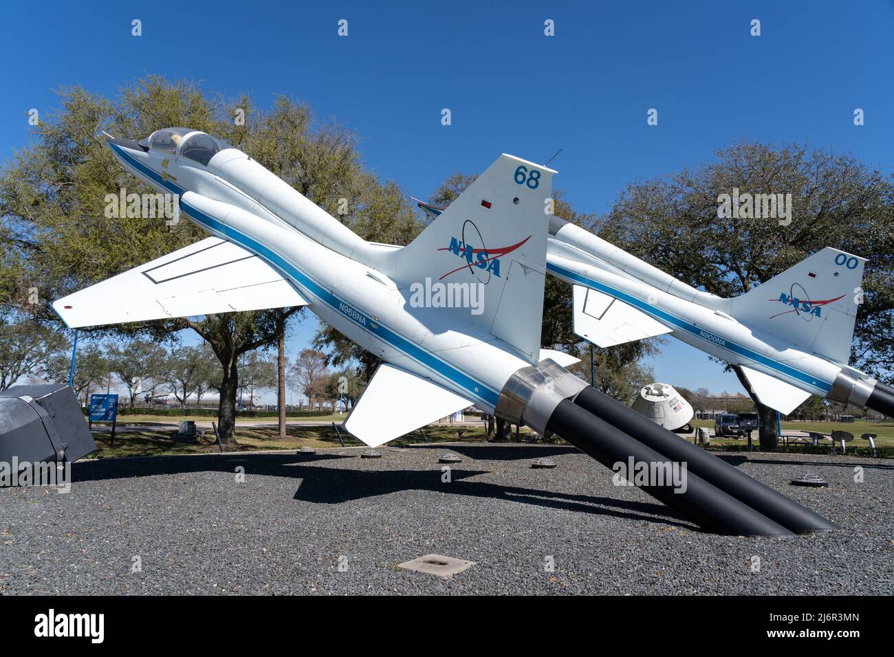 Houston, Texas, USA - March 12, 2022: Two Northrop T-38 Talon supersonic jet trainers displayed at Talon Park in the Johnson Space Center in Houston, Stock Photo