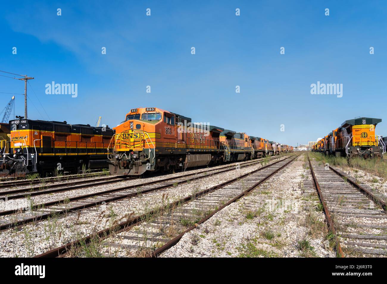 Galveston,  Texas, USA - March 12, 2022: Many locomotives stored at a railyard in Galveston, Texas, USA. Stock Photo