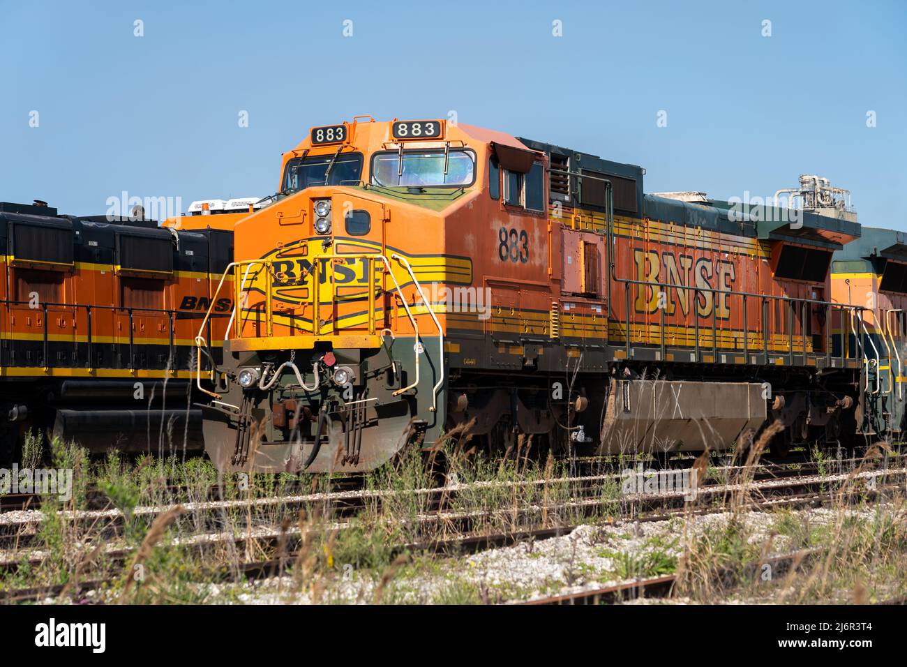 Galveston,  Texas, USA - March 12, 2022: Many locomotives stored at a railyard in Galveston, Texas, USA. Stock Photo