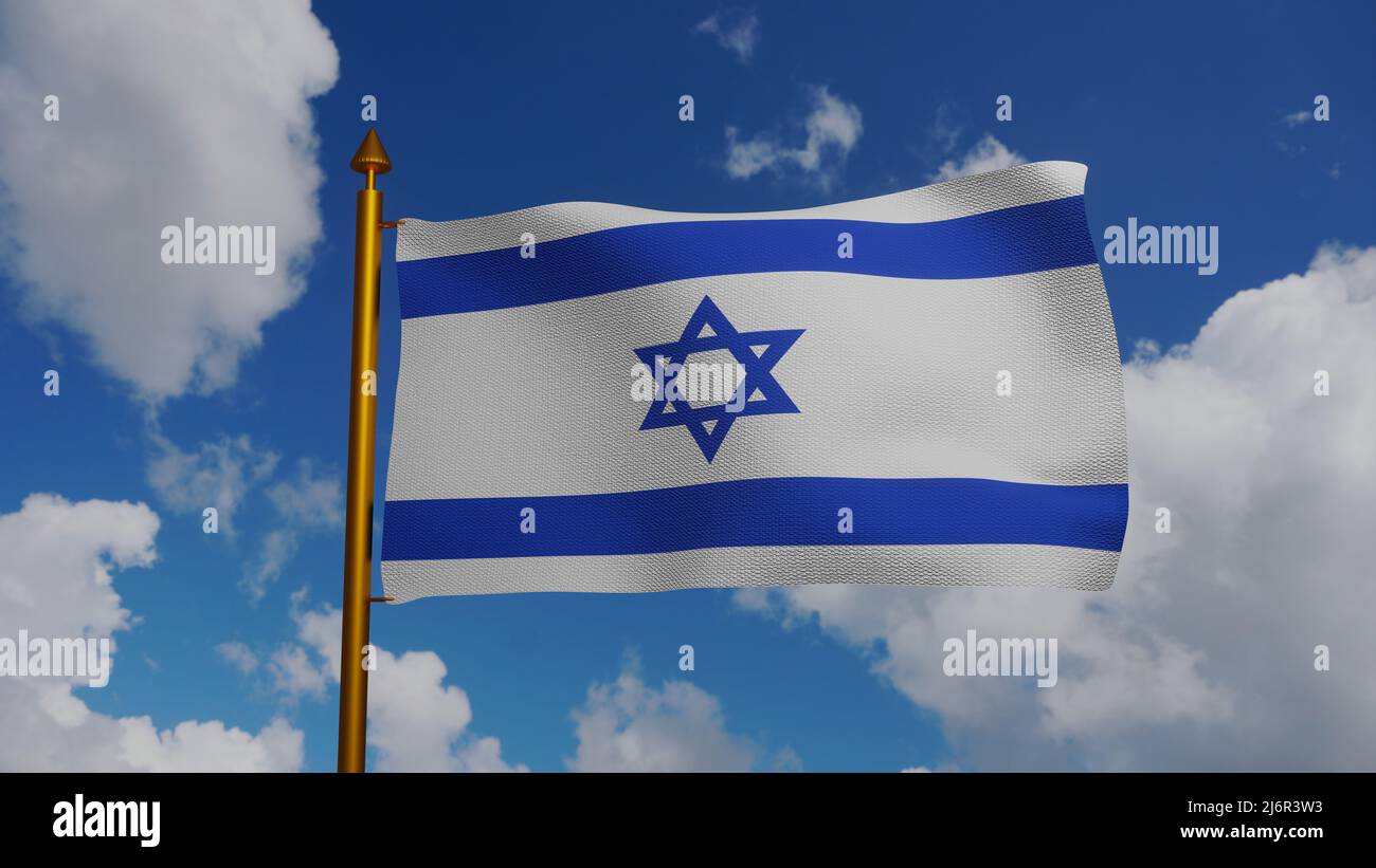 National flag of Israel waving 3D Render with flagpole and blue sky, flag State of Israel used Star of David, Flag of Zion or Israel flag Stock Photo