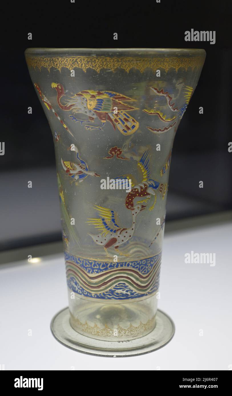 Beaker decorated with flying birds. First half of the 14th century. Mamluk period (1250-1517). Egypt (or Syria). Gilded and enamelled glass. Calouste Gulbenkian Museum. Lisbon, Portugal. Stock Photo