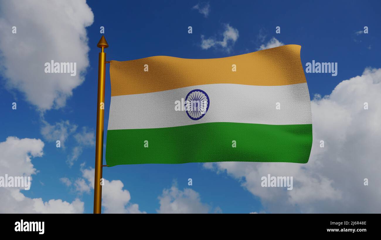 National flag of India waving 3D Render with flagpole and blue sky ...