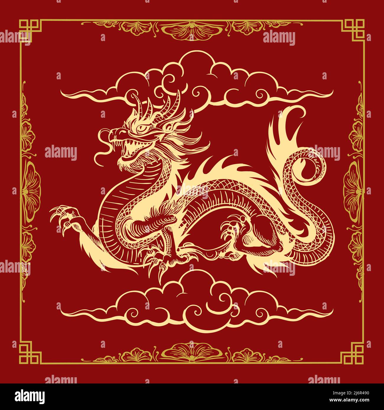 Illustration of Traditional Chinese Golden Dragon isolated on Red Background. Vector illustration. Stock Vector