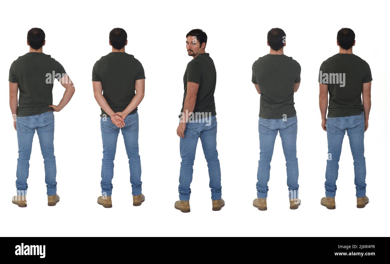 rear view of a man with various poses andl looking at camera on white ...