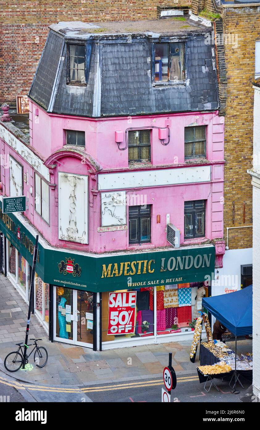 Pink corner building of Majestic London wholesales. Stock Photo