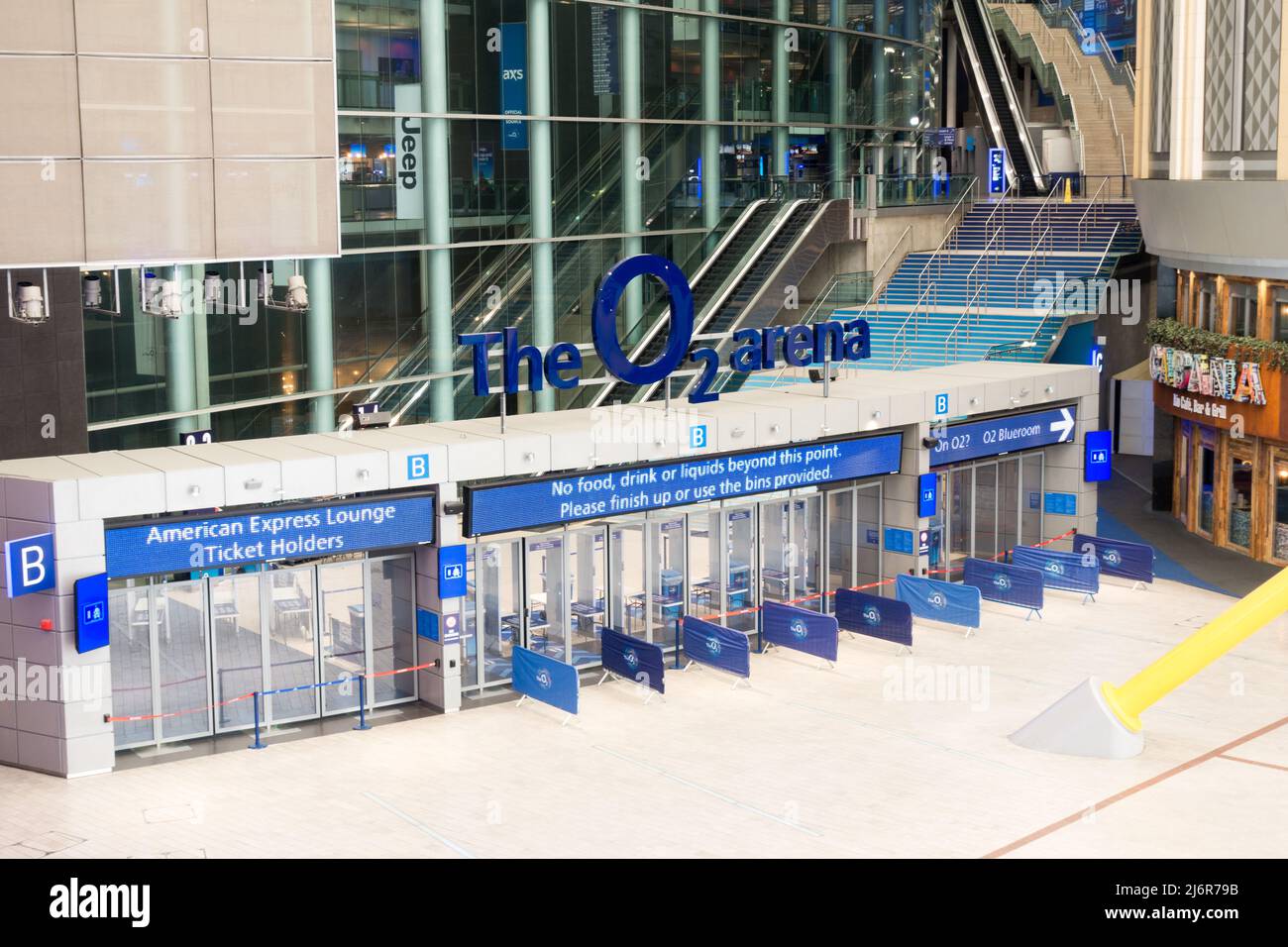 O2 arena entrance gates with messages on display boards. No food or drink allowed from outside Stock Photo