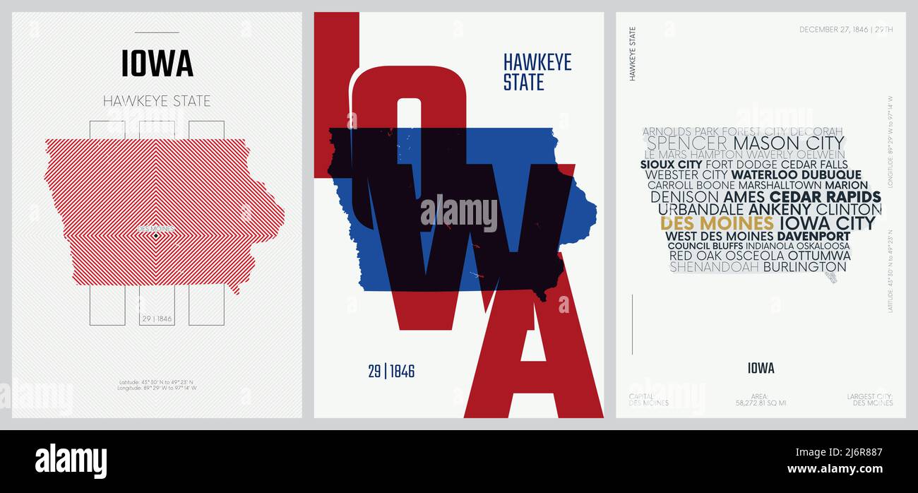 29 of 50 sets, US State Posters with name and Information in 3 Design Styles, Detailed vector art print Iowa map Stock Vector