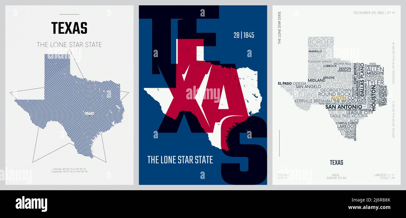 28 of 50 sets, US State Posters with name and Information in 3 Design Styles, Detailed vector art print Texas map Stock Vector