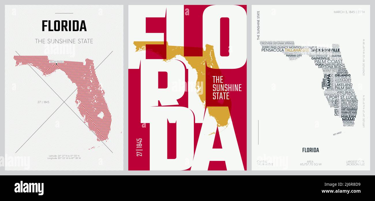 27 of 50 sets, US State Posters with name and Information in 3 Design Styles, Detailed vector art print Florida map Stock Vector