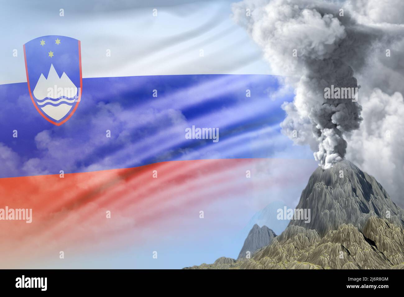 stratovolcano eruption at day time with white smoke on Slovenia flag background, troubles because of disaster and volcanic earthquake concept - 3D ill Stock Photo