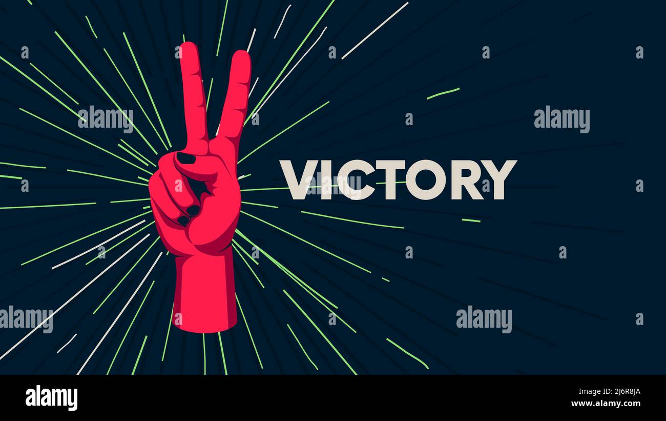 Gesture of human hand against the background of the sunburst, movement of the fingers, motivating vector poster with the slogan Victory Stock Vector