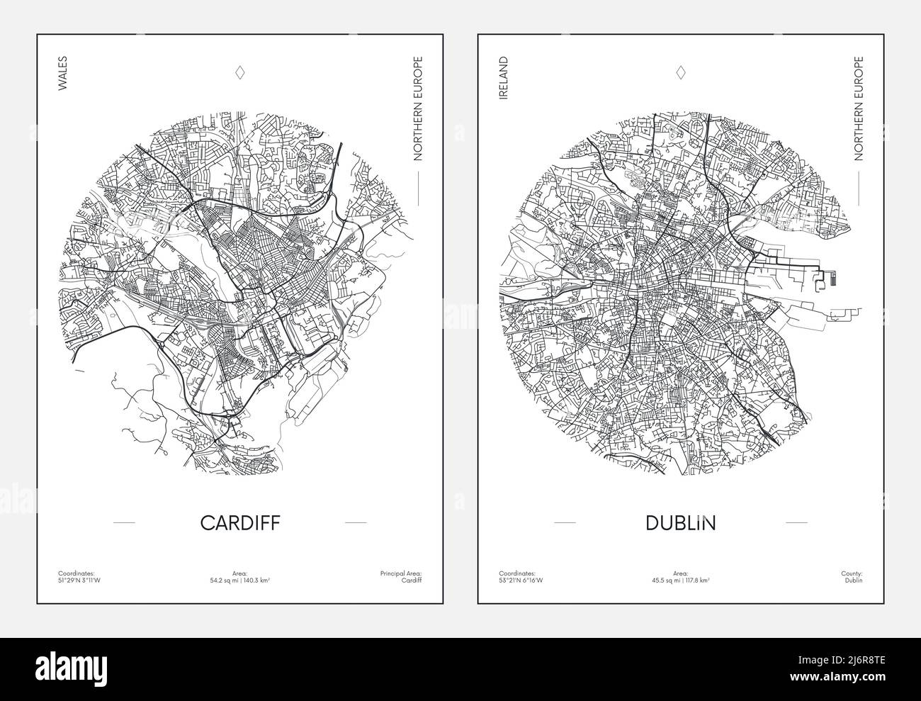 Travel poster, urban street plan city map Cardiff and Dublin, vector illustration Stock Vector