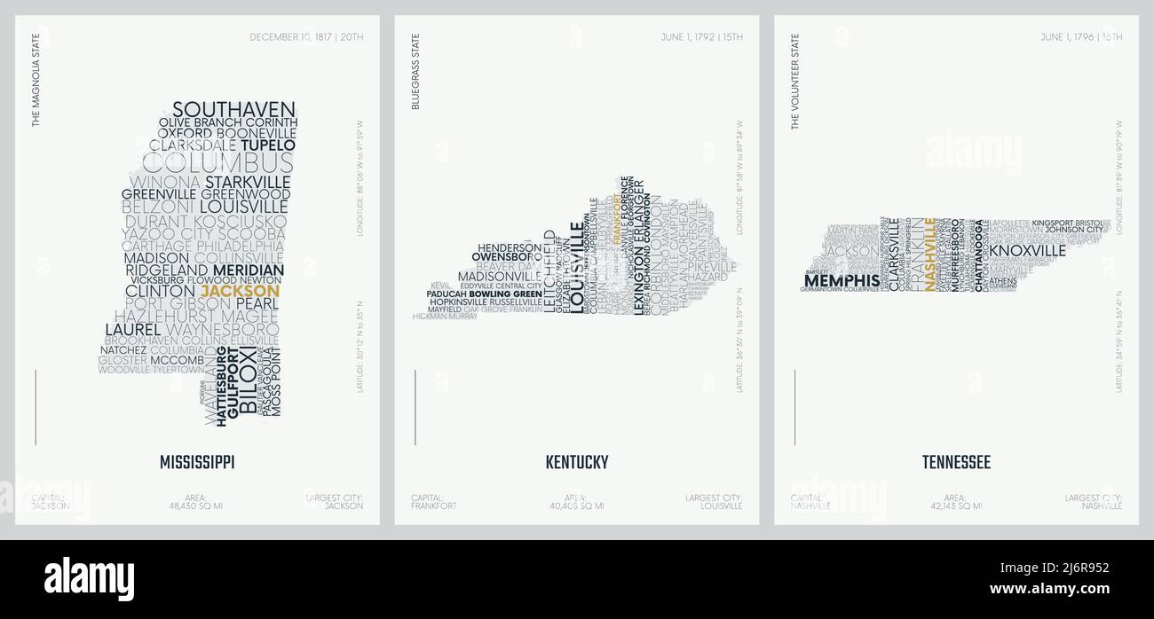 Typography composition of city names, silhouettes maps of the states of America, vector detailed posters, Mississippi, Kentucky, Tennessee Stock Vector