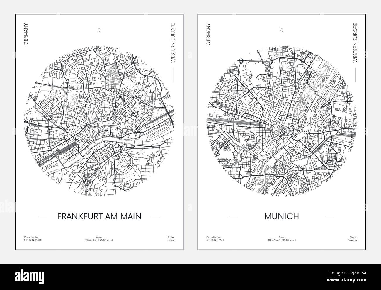 Travel poster, urban street plan city map Frankfurt am Main and Munich, vector illustration Stock Vector