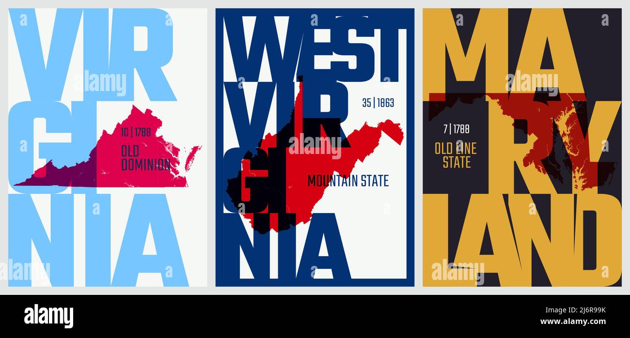 Vector posters states of the United States with a name, nickname, date admitted to the Union, South Atlantic - Virginia, West Virginia, Maryland Stock Vector