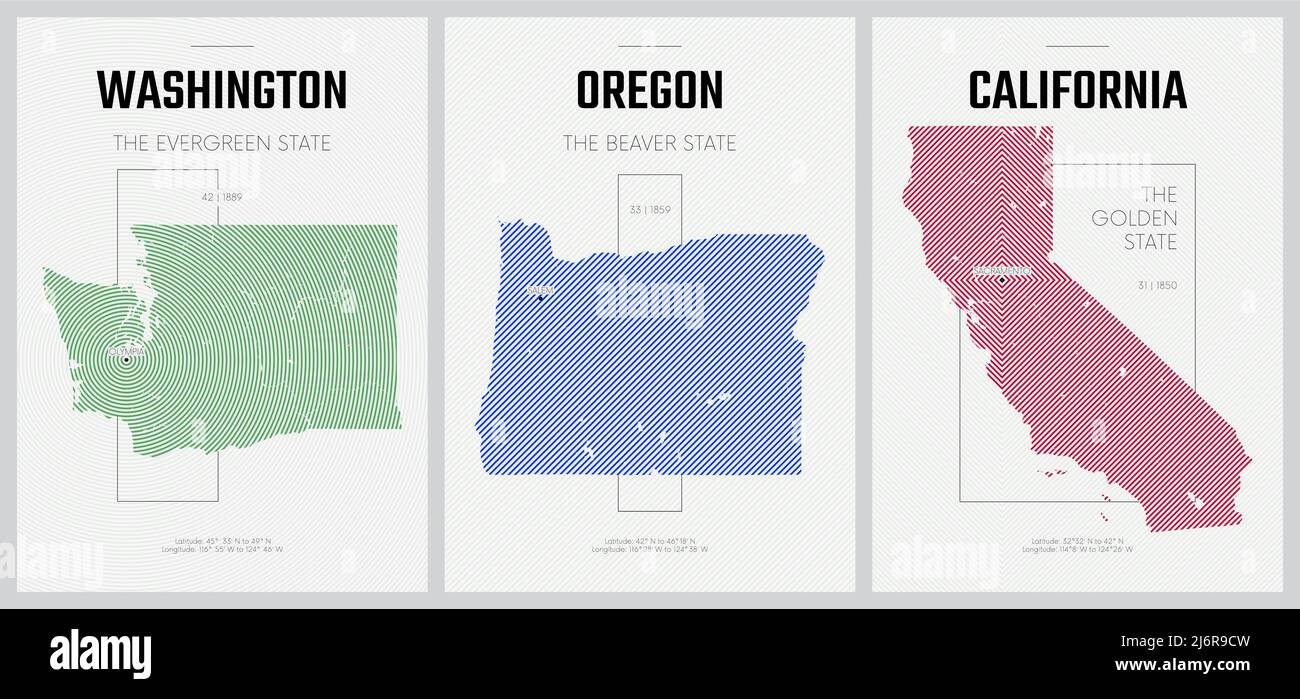 Oregon us federal state border - Vector Posters Detailed Silhouettes Maps Of The States Of America With Abstract Linear Pattern Division Pacific Washington Oregon California 2J6R9CW