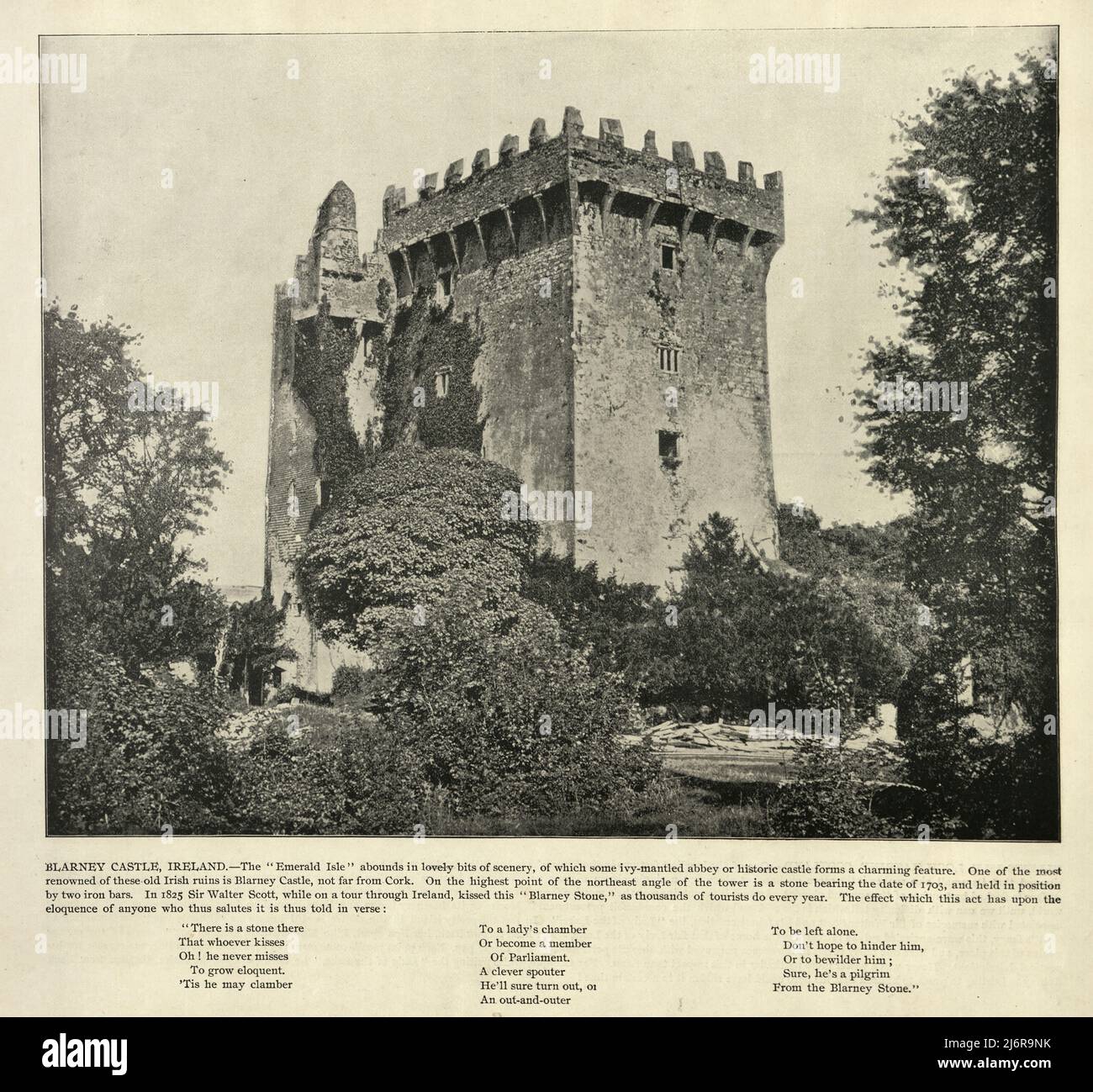 Antique photograph of Blarney Castle a medieval stronghold in Blarney, near Cork, Ireland. The current keep was built by the MacCarthy of Muskerry dynasty, a cadet branch of the Kings of Desmond, and dates from 1446. 19th Century Stock Photo