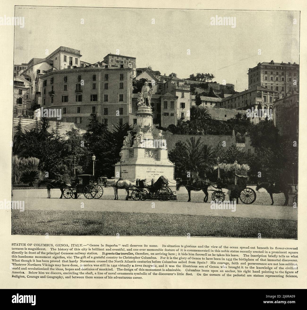Antique photograph of Statue of Columbus, Genoa, Italy 19th Century