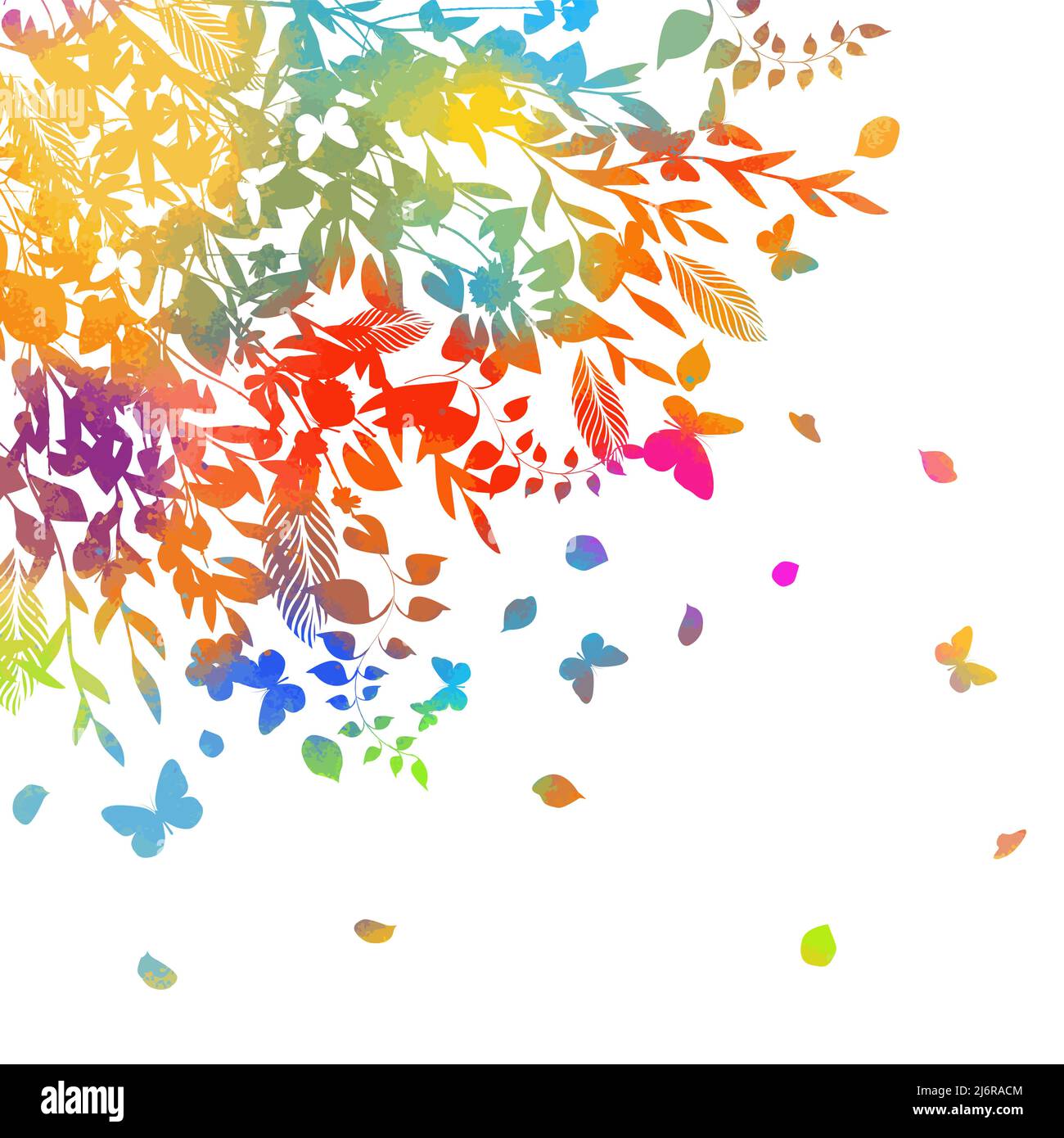 Background with colorful spring flowers and butterflies. Purple ...