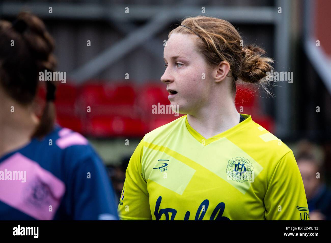 London, England. 03/05/2022, Goalkeeper Rebecca Sargent (1 Dulwich Hamlet) prior to the Capital Womens Senior Cup game between Ashford (Middlesex) and Dulwich Hamlet at Meadowbank in London, England.  Liam Asman/SPP Stock Photo