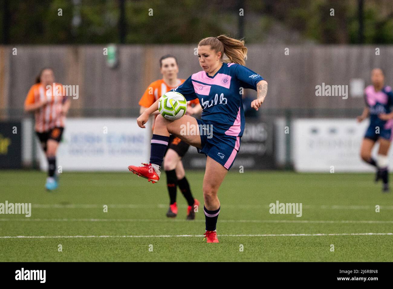 London, England. 03/05/2022, Sophie Manzi (9 Dulwich Hamlet) in action during the Capital Womens Senior Cup game between Ashford (Middlesex) and Dulwich Hamlet at Meadowbank in London, England.  Liam Asman/SPP Stock Photo