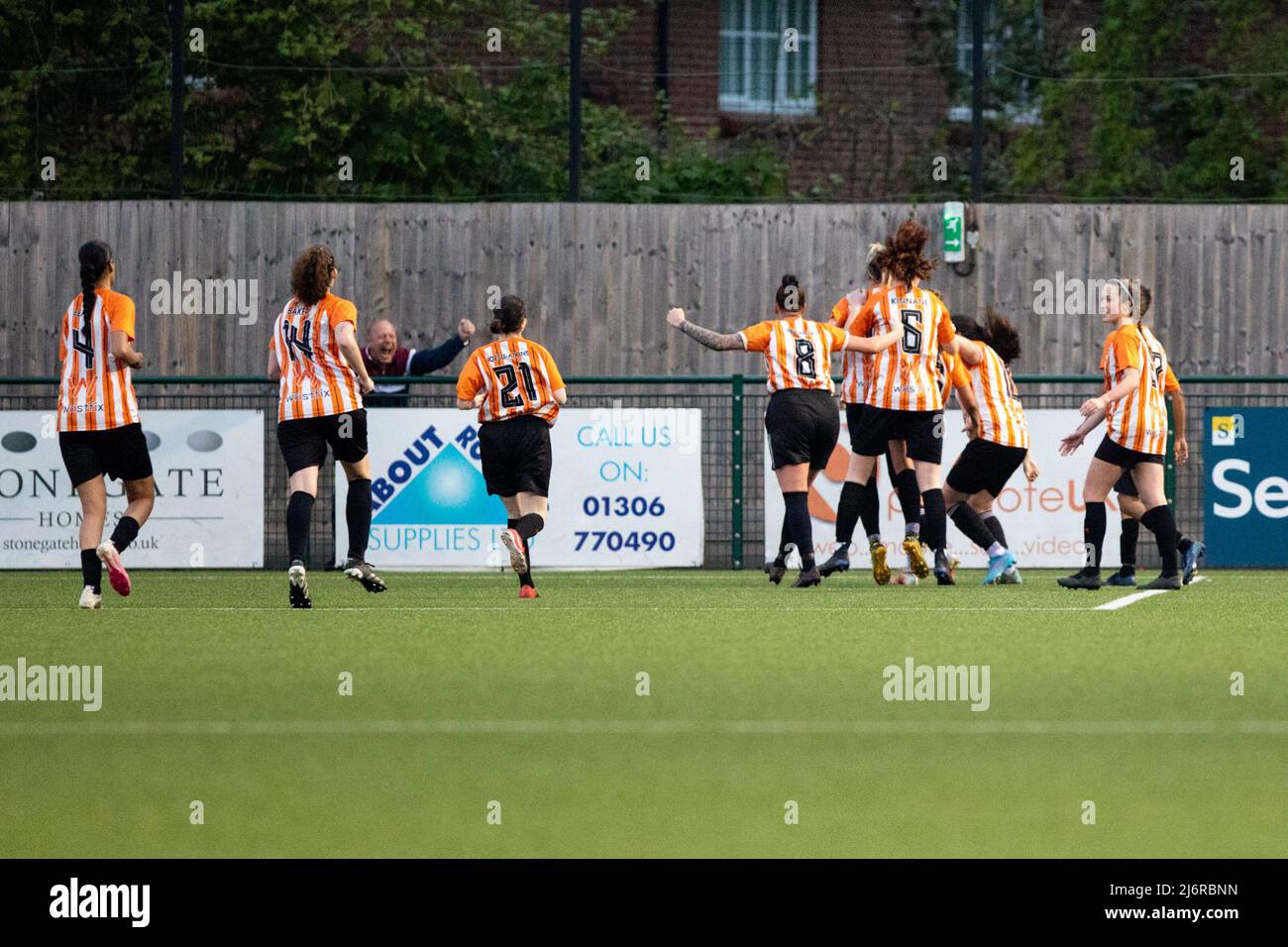 London, England. 03/05/2022, Ashford celebrate their firs goal by Ashley Cheatley (16 Ashford) during the Capital Womens Senior Cup game between Ashford (Middlesex) and Dulwich Hamlet at Meadowbank in London, England.  Liam Asman/SPP Stock Photo