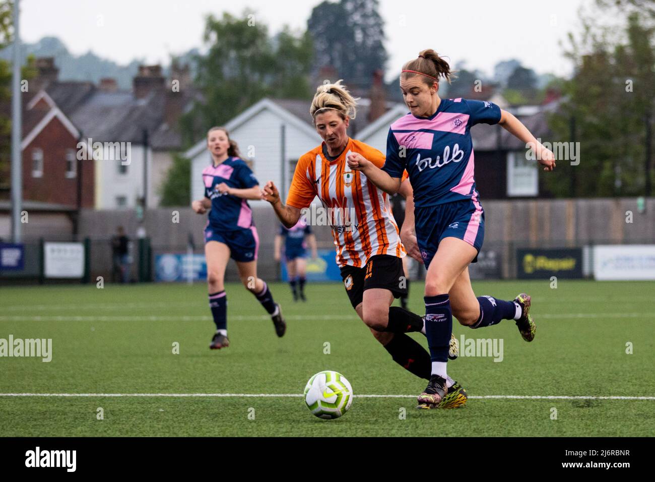 London, England. 03/05/2022, Jade Johnson (11 Ashford) and Asia Harbour Brown (18 Dulwich Hamlet) in action during the Capital Womens Senior Cup game between Ashford (Middlesex) and Dulwich Hamlet at Meadowbank in London, England.  Liam Asman/SPP Stock Photo