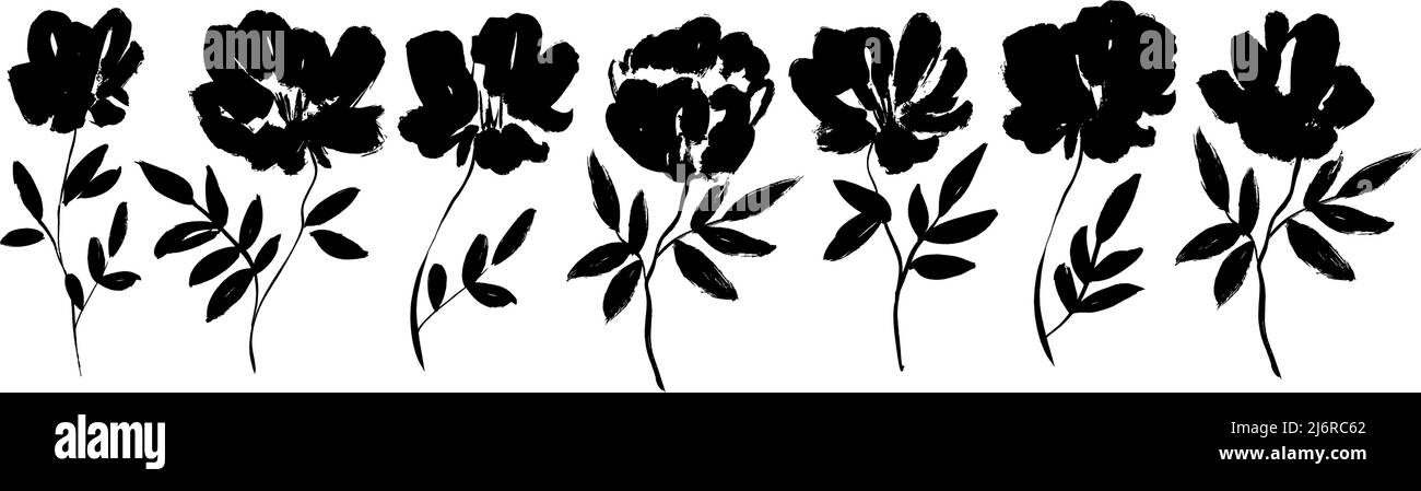 Vector set of black ink drawing wild flowers. Stock Vector