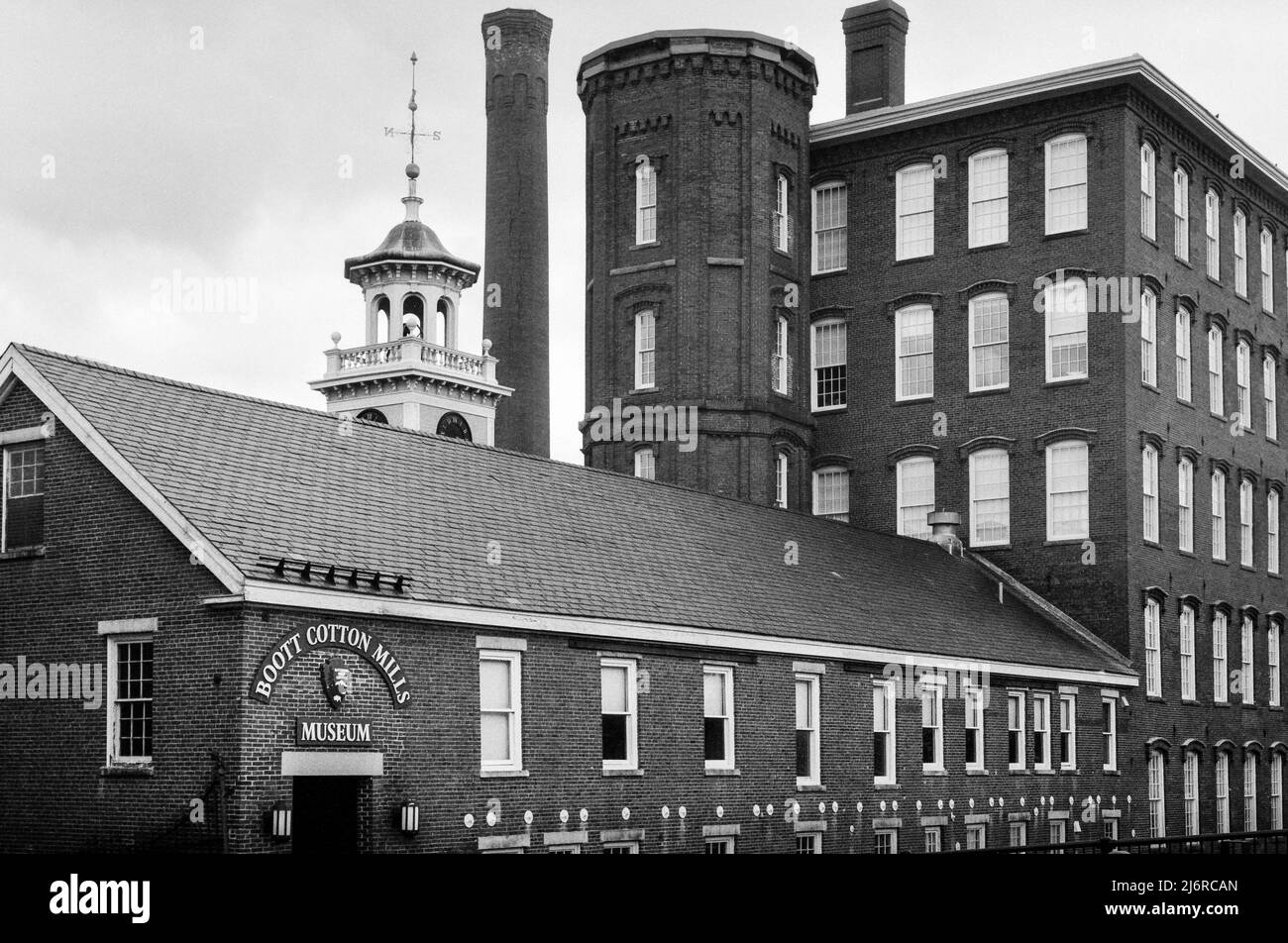 The Boott Cotton Mills Museum in historic Lowell, Massachusetts. Landscape view. Captured on analog black and white film. Lowell, Massachusetts.g Stock Photo