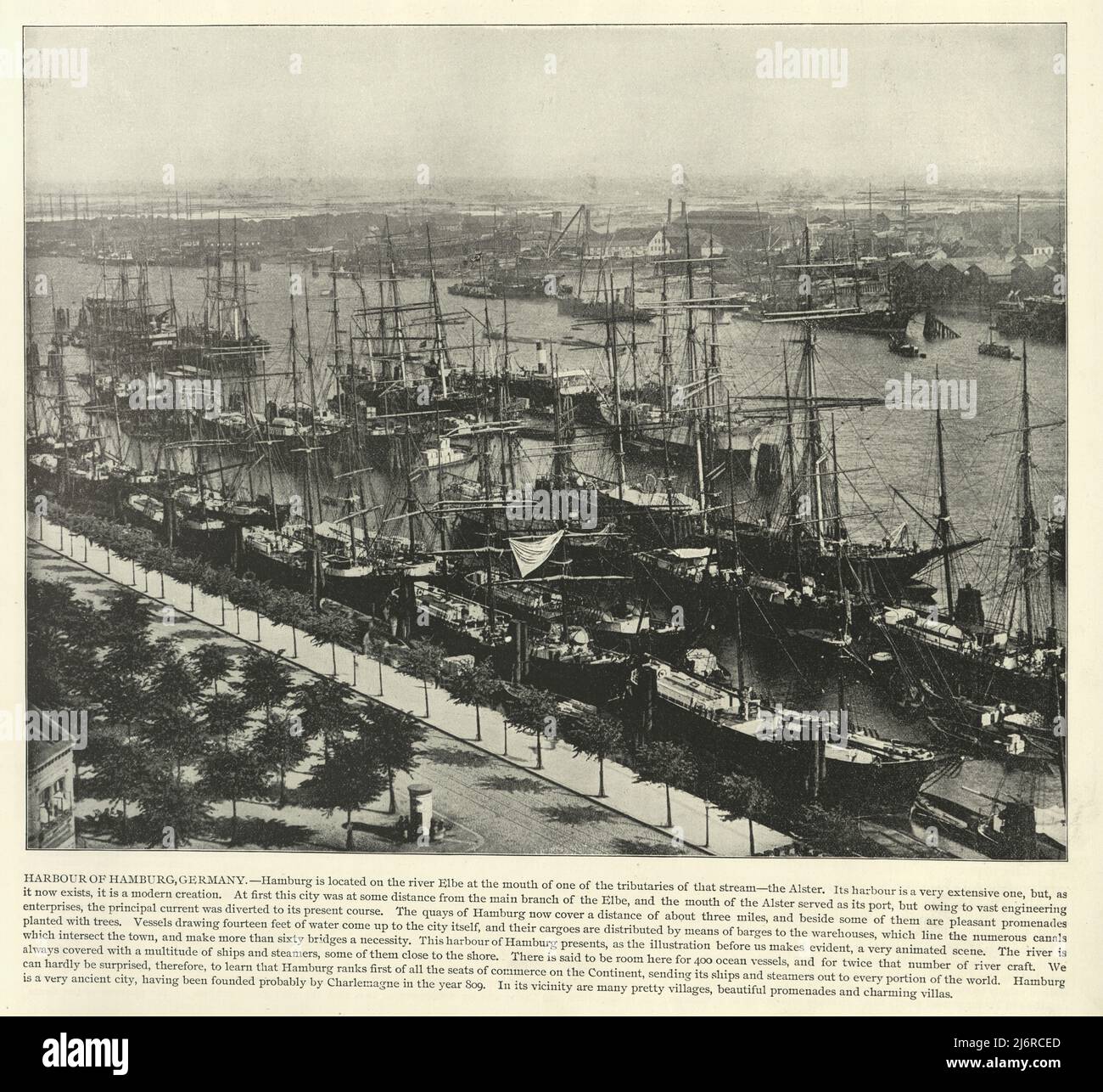 Vintage photograph of Sailing Ships in the Harbour of Hamburg, Germany,19th Century Stock Photo