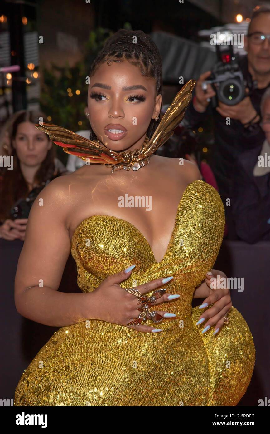 Chloe Bailey wearing Area departs The Mark Hotel for 2022 Met Gala in
