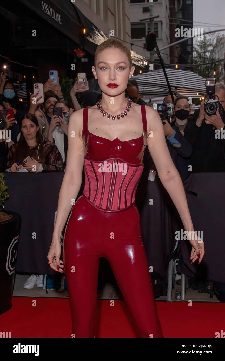 Gigi Hadid wearing Versace departs The Mark Hotel for 2022 Met Gala in