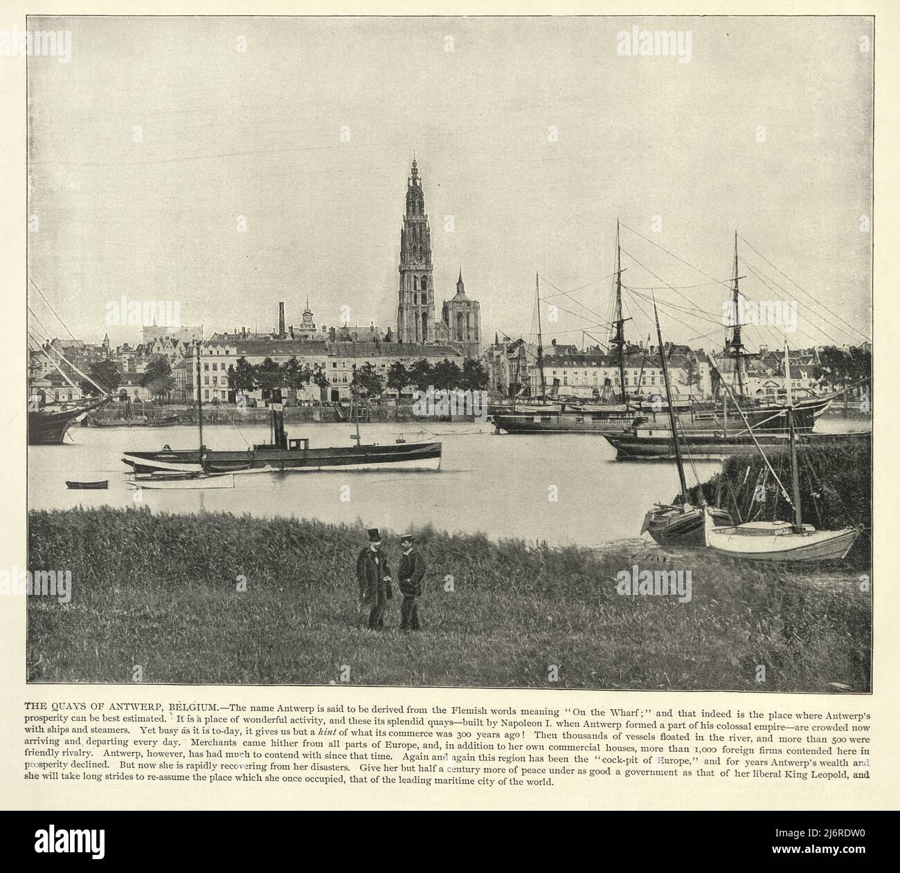 Vintage photograph of Quays of Antwerp, Belgium, Victorian 19th Century Stock Photo