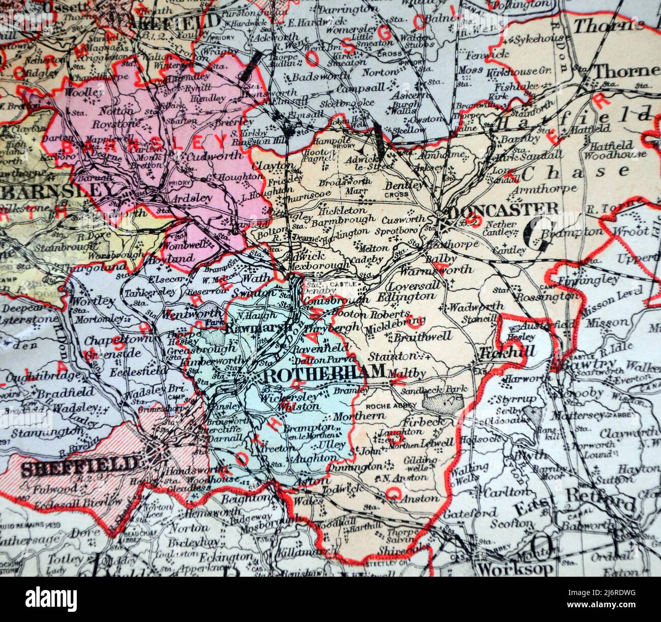 Antique map  of Doncaster and area in United Kingdom, British Isles, From the book: 'Stanford's Parliamentary County Atlas and Handbook of England and Wales' Published 1885 Stock Photo